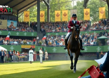Das Titelbild zeigt eine realistische Darstellung des Concours Hippique International Officiel (CHIO) in Aachen, einem renommierten Reitsport-Event. Im Vordergrund reitet ein eleganter Reiter sein Pferd geschickt durch einen anspruchsvollen Parcours, der die Tradition und Anmut des Reitsports verkörpert. Im Hintergrund ist eine lebhafte Zuschauermenge zu sehen, einige halten Flugblätter in der Hand, was auf die aktuelle Debatte zwischen Tradition und Tierschutzaktivismus hinweist. Die üppige grüne Kulisse der Arena ist mit Bannern und Dekorationen geschmückt, die das kulturelle Erbe des Events betonen. Die Atmosphäre vermittelt sowohl die Leidenschaft für den Reitsport als auch die unterschwellige Spannung der Kontroverse. Kleine Gruppen von Menschen, die in Diskussionen vertieft sind, symbolisieren den Konflikt zwischen traditionellem Reitsport und modernen Tierrechtsbewegungen.