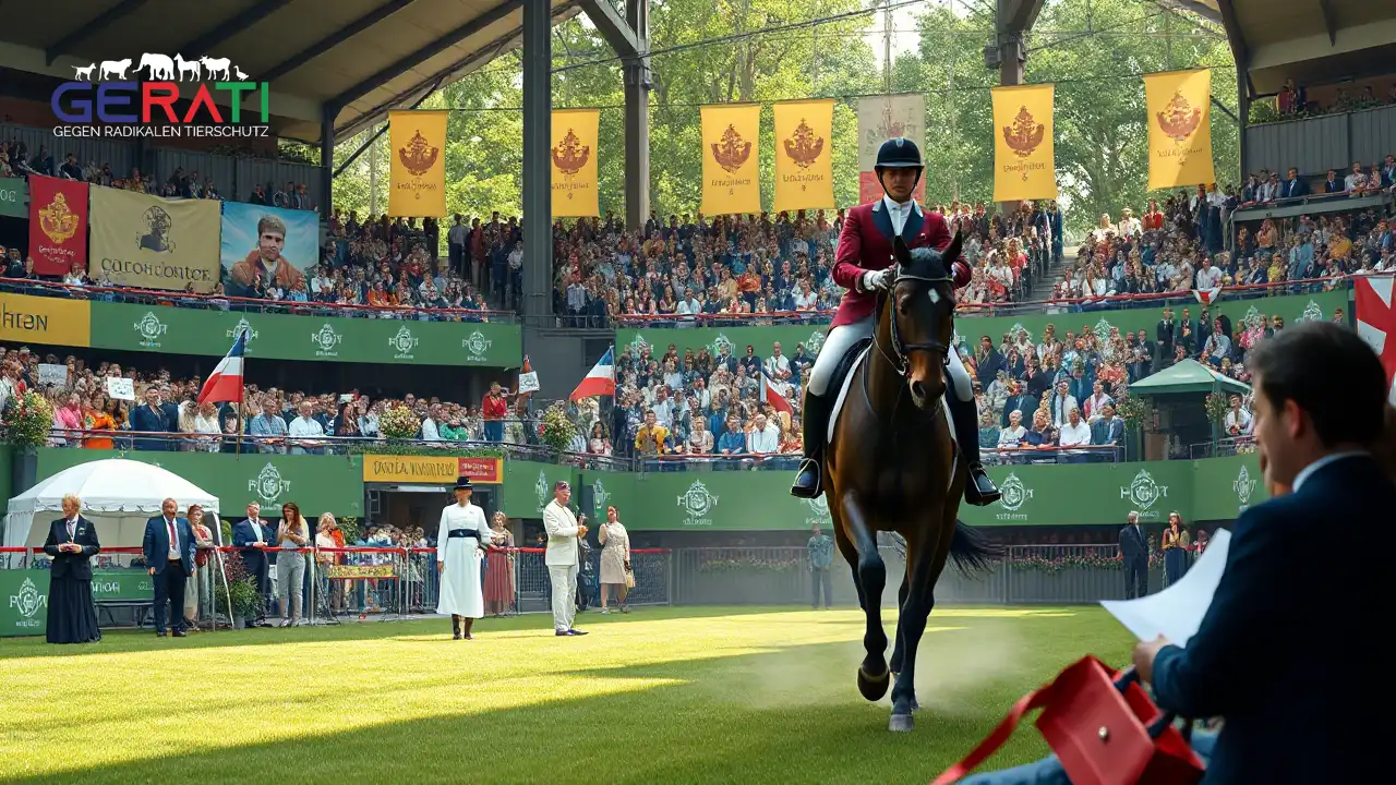 Das Titelbild zeigt eine realistische Darstellung des Concours Hippique International Officiel (CHIO) in Aachen, einem renommierten Reitsport-Event. Im Vordergrund reitet ein eleganter Reiter sein Pferd geschickt durch einen anspruchsvollen Parcours, der die Tradition und Anmut des Reitsports verkörpert. Im Hintergrund ist eine lebhafte Zuschauermenge zu sehen, einige halten Flugblätter in der Hand, was auf die aktuelle Debatte zwischen Tradition und Tierschutzaktivismus hinweist. Die üppige grüne Kulisse der Arena ist mit Bannern und Dekorationen geschmückt, die das kulturelle Erbe des Events betonen. Die Atmosphäre vermittelt sowohl die Leidenschaft für den Reitsport als auch die unterschwellige Spannung der Kontroverse. Kleine Gruppen von Menschen, die in Diskussionen vertieft sind, symbolisieren den Konflikt zwischen traditionellem Reitsport und modernen Tierrechtsbewegungen.