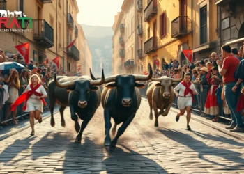 Stierläufe in Pamplona: Tradition zwischen Adrenalin und Gefahr 23 Das Bild zeigt eine lebendige Szene der Stierläufe während des Sanfermines-Festivals in Pamplona. Auf den engen Kopfsteinpflasterstraßen der Stadt rennen mutige Teilnehmer in traditioneller weißer Kleidung mit roten Halstüchern neben kräftigen, stürmischen Stieren. Die Stiere wirken stark und unberechenbar, was die Spannung und das Adrenalin der Veranstaltung unterstreicht. Es ist früher Morgen und das sanfte Sonnenlicht wirft dramatische Schatten auf die historischen Gebäude. Eine vielfältige Menge von begeisterten Zuschauern säumt die Absperrungen, ihre Gesichter spiegeln eine Mischung aus Aufregung und Anspannung wider, während sie die Läufer anfeuern. Das Bild vermittelt das kulturelle Erbe und die inhärenten Gefahren der Stierläufe und fängt das Wesen dieses ikonischen und umstrittenen Ereignisses ein.