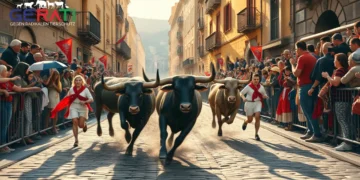Das Bild zeigt eine lebendige Szene der Stierläufe während des Sanfermines-Festivals in Pamplona. Auf den engen Kopfsteinpflasterstraßen der Stadt rennen mutige Teilnehmer in traditioneller weißer Kleidung mit roten Halstüchern neben kräftigen, stürmischen Stieren. Die Stiere wirken stark und unberechenbar, was die Spannung und das Adrenalin der Veranstaltung unterstreicht. Es ist früher Morgen und das sanfte Sonnenlicht wirft dramatische Schatten auf die historischen Gebäude. Eine vielfältige Menge von begeisterten Zuschauern säumt die Absperrungen, ihre Gesichter spiegeln eine Mischung aus Aufregung und Anspannung wider, während sie die Läufer anfeuern. Das Bild vermittelt das kulturelle Erbe und die inhärenten Gefahren der Stierläufe und fängt das Wesen dieses ikonischen und umstrittenen Ereignisses ein.