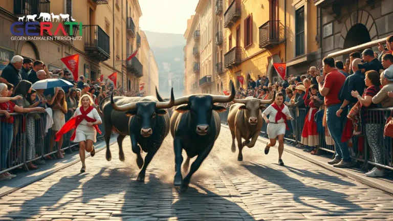Das Bild zeigt eine lebendige Szene der Stierläufe während des Sanfermines-Festivals in Pamplona. Auf den engen Kopfsteinpflasterstraßen der Stadt rennen mutige Teilnehmer in traditioneller weißer Kleidung mit roten Halstüchern neben kräftigen, stürmischen Stieren. Die Stiere wirken stark und unberechenbar, was die Spannung und das Adrenalin der Veranstaltung unterstreicht. Es ist früher Morgen und das sanfte Sonnenlicht wirft dramatische Schatten auf die historischen Gebäude. Eine vielfältige Menge von begeisterten Zuschauern säumt die Absperrungen, ihre Gesichter spiegeln eine Mischung aus Aufregung und Anspannung wider, während sie die Läufer anfeuern. Das Bild vermittelt das kulturelle Erbe und die inhärenten Gefahren der Stierläufe und fängt das Wesen dieses ikonischen und umstrittenen Ereignisses ein.