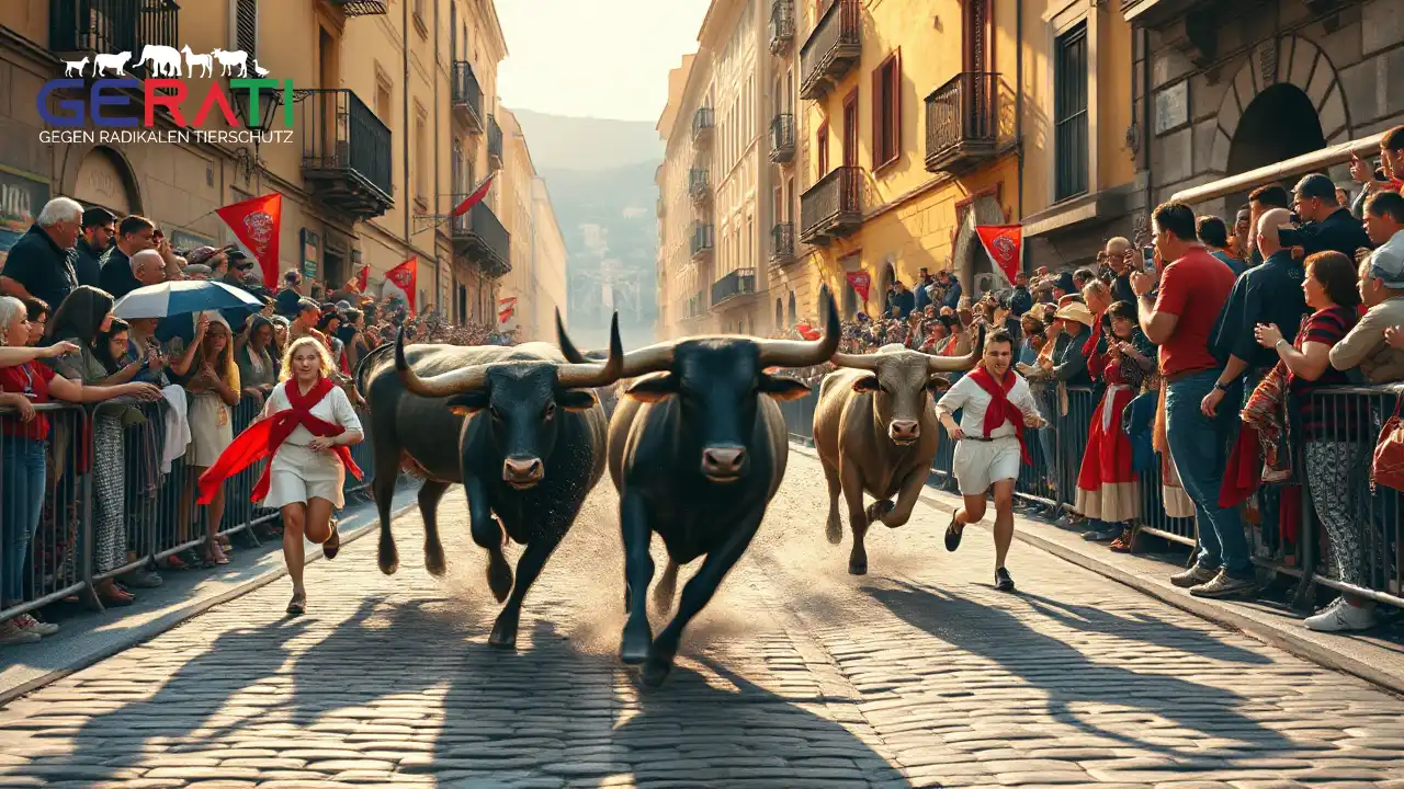 Das Bild zeigt eine lebendige Szene der Stierläufe während des Sanfermines-Festivals in Pamplona. Auf den engen Kopfsteinpflasterstraßen der Stadt rennen mutige Teilnehmer in traditioneller weißer Kleidung mit roten Halstüchern neben kräftigen, stürmischen Stieren. Die Stiere wirken stark und unberechenbar, was die Spannung und das Adrenalin der Veranstaltung unterstreicht. Es ist früher Morgen und das sanfte Sonnenlicht wirft dramatische Schatten auf die historischen Gebäude. Eine vielfältige Menge von begeisterten Zuschauern säumt die Absperrungen, ihre Gesichter spiegeln eine Mischung aus Aufregung und Anspannung wider, während sie die Läufer anfeuern. Das Bild vermittelt das kulturelle Erbe und die inhärenten Gefahren der Stierläufe und fängt das Wesen dieses ikonischen und umstrittenen Ereignisses ein.