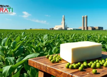 Ein neuer Bio-Tofu: Kooperation von PETA und Social Product kritisch betrachtet 26 Ein fotorealistisches Bild zeigt ein üppiges, grünes Sojabohnenfeld unter einem klaren blauen Himmel, das für biologischen Anbau steht. Im Vordergrund liegt ein realistischer Block Bio-Tofu auf einem rustikalen Holztisch, umgeben von frischen grünen Sojabohnen. Die Darstellung des Tofus betont dessen Textur und Frische. Im Hintergrund ist eine moderne, umweltfreundliche Fabrik zu sehen, die nachhaltige Produktionspraktiken symbolisiert. Die Szene vermittelt ein Bewusstsein für ethische und umweltfreundliche Lebensmittelproduktion.