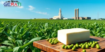 Ein fotorealistisches Bild zeigt ein üppiges, grünes Sojabohnenfeld unter einem klaren blauen Himmel, das für biologischen Anbau steht. Im Vordergrund liegt ein realistischer Block Bio-Tofu auf einem rustikalen Holztisch, umgeben von frischen grünen Sojabohnen. Die Darstellung des Tofus betont dessen Textur und Frische. Im Hintergrund ist eine moderne, umweltfreundliche Fabrik zu sehen, die nachhaltige Produktionspraktiken symbolisiert. Die Szene vermittelt ein Bewusstsein für ethische und umweltfreundliche Lebensmittelproduktion.