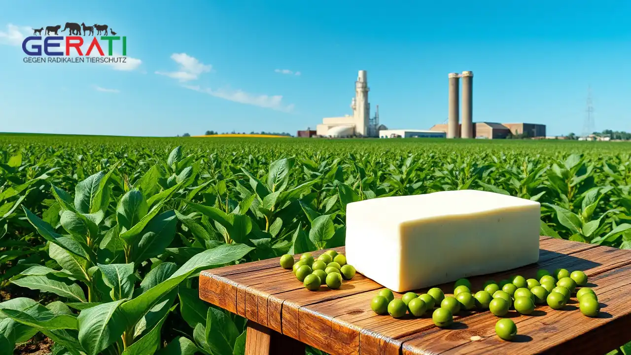 Ein fotorealistisches Bild zeigt ein üppiges, grünes Sojabohnenfeld unter einem klaren blauen Himmel, das für biologischen Anbau steht. Im Vordergrund liegt ein realistischer Block Bio-Tofu auf einem rustikalen Holztisch, umgeben von frischen grünen Sojabohnen. Die Darstellung des Tofus betont dessen Textur und Frische. Im Hintergrund ist eine moderne, umweltfreundliche Fabrik zu sehen, die nachhaltige Produktionspraktiken symbolisiert. Die Szene vermittelt ein Bewusstsein für ethische und umweltfreundliche Lebensmittelproduktion.