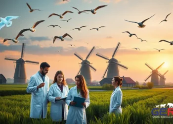Das Bild zeigt eine fotorealistische Darstellung einer ruhigen niederländischen Landschaft im Morgengrauen. Im Vordergrund befindet sich eine Gruppe von Wissenschaftlerinnen und Wissenschaftlern unterschiedlichen Alters und ethnischer Herkunft, die in eine Diskussion vertieft sind. Sie halten Tablets und holografische Geräte in den Händen, die fortschrittliche, tierversuchsfreie Forschungsmethoden symbolisieren. Die moderne Forschungseinrichtung ist inmitten üppiger grüner Felder eingebettet. Im Hintergrund sind traditionelle niederländische Windmühlen zu sehen, die einen Kontrast zur futuristischen Architektur des Labors bilden. Über ihnen fliegt ein Schwarm Vögel, der die Harmonie zwischen Natur und Innovation symbolisiert. Die Atmosphäre des Bildes strahlt Hoffnung und Fortschritt aus und illustriert den Wandel hin zu ethischen wissenschaftlichen Praktiken.