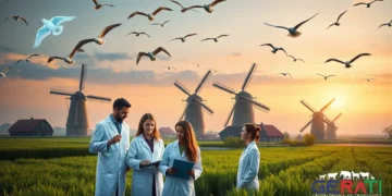 Das Bild zeigt eine fotorealistische Darstellung einer ruhigen niederländischen Landschaft im Morgengrauen. Im Vordergrund befindet sich eine Gruppe von Wissenschaftlerinnen und Wissenschaftlern unterschiedlichen Alters und ethnischer Herkunft, die in eine Diskussion vertieft sind. Sie halten Tablets und holografische Geräte in den Händen, die fortschrittliche, tierversuchsfreie Forschungsmethoden symbolisieren. Die moderne Forschungseinrichtung ist inmitten üppiger grüner Felder eingebettet. Im Hintergrund sind traditionelle niederländische Windmühlen zu sehen, die einen Kontrast zur futuristischen Architektur des Labors bilden. Über ihnen fliegt ein Schwarm Vögel, der die Harmonie zwischen Natur und Innovation symbolisiert. Die Atmosphäre des Bildes strahlt Hoffnung und Fortschritt aus und illustriert den Wandel hin zu ethischen wissenschaftlichen Praktiken.