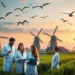 Das Bild zeigt eine fotorealistische Darstellung einer ruhigen niederländischen Landschaft im Morgengrauen. Im Vordergrund befindet sich eine Gruppe von Wissenschaftlerinnen und Wissenschaftlern unterschiedlichen Alters und ethnischer Herkunft, die in eine Diskussion vertieft sind. Sie halten Tablets und holografische Geräte in den Händen, die fortschrittliche, tierversuchsfreie Forschungsmethoden symbolisieren. Die moderne Forschungseinrichtung ist inmitten üppiger grüner Felder eingebettet. Im Hintergrund sind traditionelle niederländische Windmühlen zu sehen, die einen Kontrast zur futuristischen Architektur des Labors bilden. Über ihnen fliegt ein Schwarm Vögel, der die Harmonie zwischen Natur und Innovation symbolisiert. Die Atmosphäre des Bildes strahlt Hoffnung und Fortschritt aus und illustriert den Wandel hin zu ethischen wissenschaftlichen Praktiken.