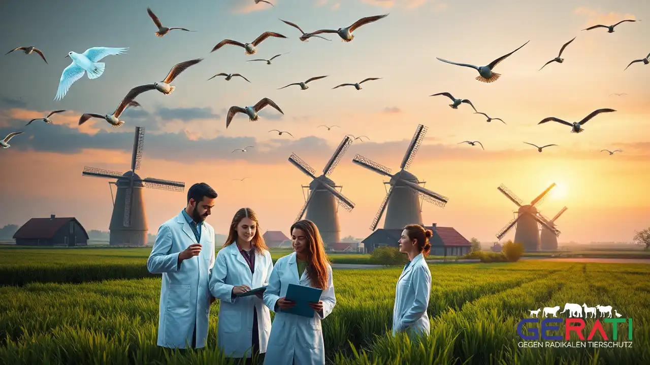 Das Bild zeigt eine fotorealistische Darstellung einer ruhigen niederländischen Landschaft im Morgengrauen. Im Vordergrund befindet sich eine Gruppe von Wissenschaftlerinnen und Wissenschaftlern unterschiedlichen Alters und ethnischer Herkunft, die in eine Diskussion vertieft sind. Sie halten Tablets und holografische Geräte in den Händen, die fortschrittliche, tierversuchsfreie Forschungsmethoden symbolisieren. Die moderne Forschungseinrichtung ist inmitten üppiger grüner Felder eingebettet. Im Hintergrund sind traditionelle niederländische Windmühlen zu sehen, die einen Kontrast zur futuristischen Architektur des Labors bilden. Über ihnen fliegt ein Schwarm Vögel, der die Harmonie zwischen Natur und Innovation symbolisiert. Die Atmosphäre des Bildes strahlt Hoffnung und Fortschritt aus und illustriert den Wandel hin zu ethischen wissenschaftlichen Praktiken.