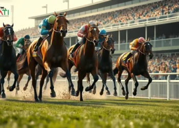 Pferderennsport in Hamburg: Zwischen Tradition und Kritik - Eine kritische Betrachtung der Vorwürfe gegen den Hamburger Renn-Club 30 Das Bild zeigt eine lebendige Szene eines Pferderennens in Hamburg auf der historischen Rennbahn Hamburg-Horn. Im Vordergrund galoppieren elegante, kraftvolle Rennpferde mit sichtbaren Muskelanstrengungen über die Rennbahn, während die Jockeys konzentriert und entschlossen wirken. Im Hintergrund ist die Tribüne zu sehen, gefüllt mit einem begeisterten Publikum, das die reiche kulturelle Tradition des Pferderennsports in der Region widerspiegelt. Die Szene vermittelt eine dynamische und fesselnde Atmosphäre, die sowohl die Eleganz und Geschwindigkeit der Pferde als auch die Leidenschaft und Kontroversen rund um das Thema Tierschutz im Pferderennsport einfängt.