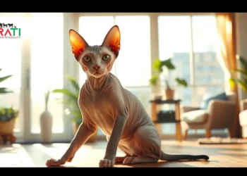 Wenn Katzen Sonnenbrand haben: Die Empörung um Katie Price und die Tierhaltung ihrer Sphynx-Katze 38 Ein fotorealistisches Bild einer Sphynx-Katze, die in einem sonnendurchfluteten Raum sitzt. Sonnenlicht fällt sanft durch große Fenster und wirft zarte Schatten auf den Boden. Die Haut der Katze ist leicht rosa, was auf eine milde Sonneneinstrahlung hinweist. Im Hintergrund ist ein gemütlicher Wohnraum mit Zimmerpflanzen und bequemen Möbeln zu sehen, der eine warme und einladende Atmosphäre schafft. Die Szene vermittelt die Verletzlichkeit und einzigartige Schönheit der haarlosen Katzenrasse und hebt die Verantwortung der Tierhaltung hervor.