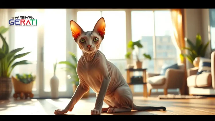 Ein fotorealistisches Bild einer Sphynx-Katze, die in einem sonnendurchfluteten Raum sitzt. Sonnenlicht fällt sanft durch große Fenster und wirft zarte Schatten auf den Boden. Die Haut der Katze ist leicht rosa, was auf eine milde Sonneneinstrahlung hinweist. Im Hintergrund ist ein gemütlicher Wohnraum mit Zimmerpflanzen und bequemen Möbeln zu sehen, der eine warme und einladende Atmosphäre schafft. Die Szene vermittelt die Verletzlichkeit und einzigartige Schönheit der haarlosen Katzenrasse und hebt die Verantwortung der Tierhaltung hervor.