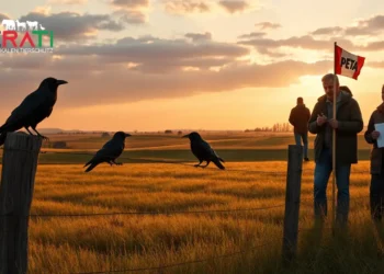Tierschutz: PETA und der Krähenvorfall in Worms 26 Ein fotorealistisches Bild zeigt ein ruhiges Landschaftsfeld bei Sonnenaufgang in Worms, Deutschland. Im Vordergrund sitzt eine Gruppe Krähen auf einem Holzzaun, deren lange Schatten auf den Boden fallen. Im Hintergrund erstrecken sich sanfte Hügel mit Feldern und kleinen Bauernhäusern. Eine Gruppe von Menschen steht im Feld: ein Bauer mit nachdenklichem Gesichtsausdruck, ein PETA-Aktivist mit Notizblock und ein neugieriger Anwohner. Der Himmel ist in warmen Orange- und Rosatönen gefärbt und verleiht dem Bild eine friedliche, aber nachdenkliche Atmosphäre. Es entsteht eine Spannung zwischen traditioneller Landwirtschaft und modernen Tierschutzethiken.