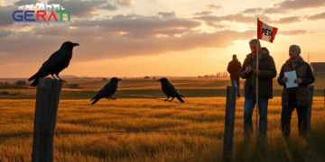 Ein fotorealistisches Bild zeigt ein ruhiges Landschaftsfeld bei Sonnenaufgang in Worms, Deutschland. Im Vordergrund sitzt eine Gruppe Krähen auf einem Holzzaun, deren lange Schatten auf den Boden fallen. Im Hintergrund erstrecken sich sanfte Hügel mit Feldern und kleinen Bauernhäusern. Eine Gruppe von Menschen steht im Feld: ein Bauer mit nachdenklichem Gesichtsausdruck, ein PETA-Aktivist mit Notizblock und ein neugieriger Anwohner. Der Himmel ist in warmen Orange- und Rosatönen gefärbt und verleiht dem Bild eine friedliche, aber nachdenkliche Atmosphäre. Es entsteht eine Spannung zwischen traditioneller Landwirtschaft und modernen Tierschutzethiken.