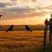 Ein fotorealistisches Bild zeigt ein ruhiges Landschaftsfeld bei Sonnenaufgang in Worms, Deutschland. Im Vordergrund sitzt eine Gruppe Krähen auf einem Holzzaun, deren lange Schatten auf den Boden fallen. Im Hintergrund erstrecken sich sanfte Hügel mit Feldern und kleinen Bauernhäusern. Eine Gruppe von Menschen steht im Feld: ein Bauer mit nachdenklichem Gesichtsausdruck, ein PETA-Aktivist mit Notizblock und ein neugieriger Anwohner. Der Himmel ist in warmen Orange- und Rosatönen gefärbt und verleiht dem Bild eine friedliche, aber nachdenkliche Atmosphäre. Es entsteht eine Spannung zwischen traditioneller Landwirtschaft und modernen Tierschutzethiken.