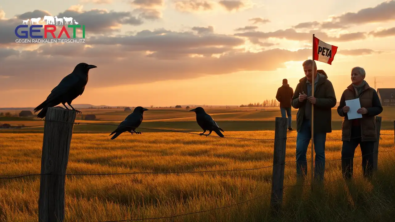 Ein fotorealistisches Bild zeigt ein ruhiges Landschaftsfeld bei Sonnenaufgang in Worms, Deutschland. Im Vordergrund sitzt eine Gruppe Krähen auf einem Holzzaun, deren lange Schatten auf den Boden fallen. Im Hintergrund erstrecken sich sanfte Hügel mit Feldern und kleinen Bauernhäusern. Eine Gruppe von Menschen steht im Feld: ein Bauer mit nachdenklichem Gesichtsausdruck, ein PETA-Aktivist mit Notizblock und ein neugieriger Anwohner. Der Himmel ist in warmen Orange- und Rosatönen gefärbt und verleiht dem Bild eine friedliche, aber nachdenkliche Atmosphäre. Es entsteht eine Spannung zwischen traditioneller Landwirtschaft und modernen Tierschutzethiken.