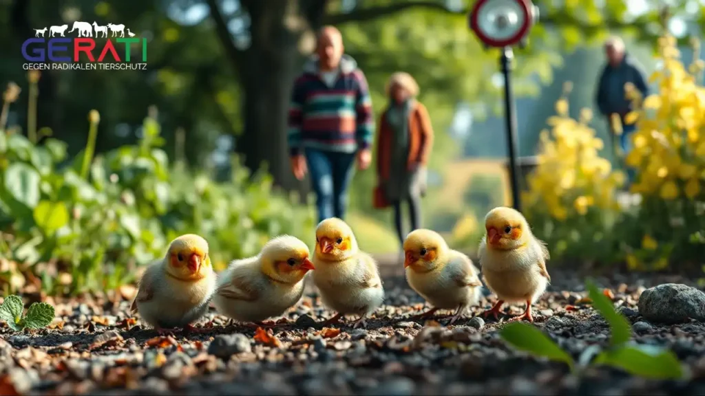 Ein kleines Grüppchen bunter Wellensittichküken liegt hilflos auf dem Boden inmitten der üppigen grünen Landschaft von Rosenheim. Die jungen Vögel wirken verletzlich und bedürftig, während das sanfte Morgenlicht sanfte Schatten wirft. Im Hintergrund beobachten einige besorgte Passanten die Situation mit überraschten und besorgten Gesichtern. Die Szene vermittelt Dringlichkeit und Mitgefühl, was auf die Wichtigkeit des Tierschutzgesetzes hinweist.