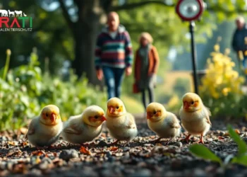 Ein kleines Grüppchen bunter Wellensittichküken liegt hilflos auf dem Boden inmitten der üppigen grünen Landschaft von Rosenheim. Die jungen Vögel wirken verletzlich und bedürftig, während das sanfte Morgenlicht sanfte Schatten wirft. Im Hintergrund beobachten einige besorgte Passanten die Situation mit überraschten und besorgten Gesichtern. Die Szene vermittelt Dringlichkeit und Mitgefühl, was auf die Wichtigkeit des Tierschutzgesetzes hinweist.