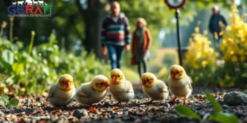 Ein kleines Grüppchen bunter Wellensittichküken liegt hilflos auf dem Boden inmitten der üppigen grünen Landschaft von Rosenheim. Die jungen Vögel wirken verletzlich und bedürftig, während das sanfte Morgenlicht sanfte Schatten wirft. Im Hintergrund beobachten einige besorgte Passanten die Situation mit überraschten und besorgten Gesichtern. Die Szene vermittelt Dringlichkeit und Mitgefühl, was auf die Wichtigkeit des Tierschutzgesetzes hinweist.