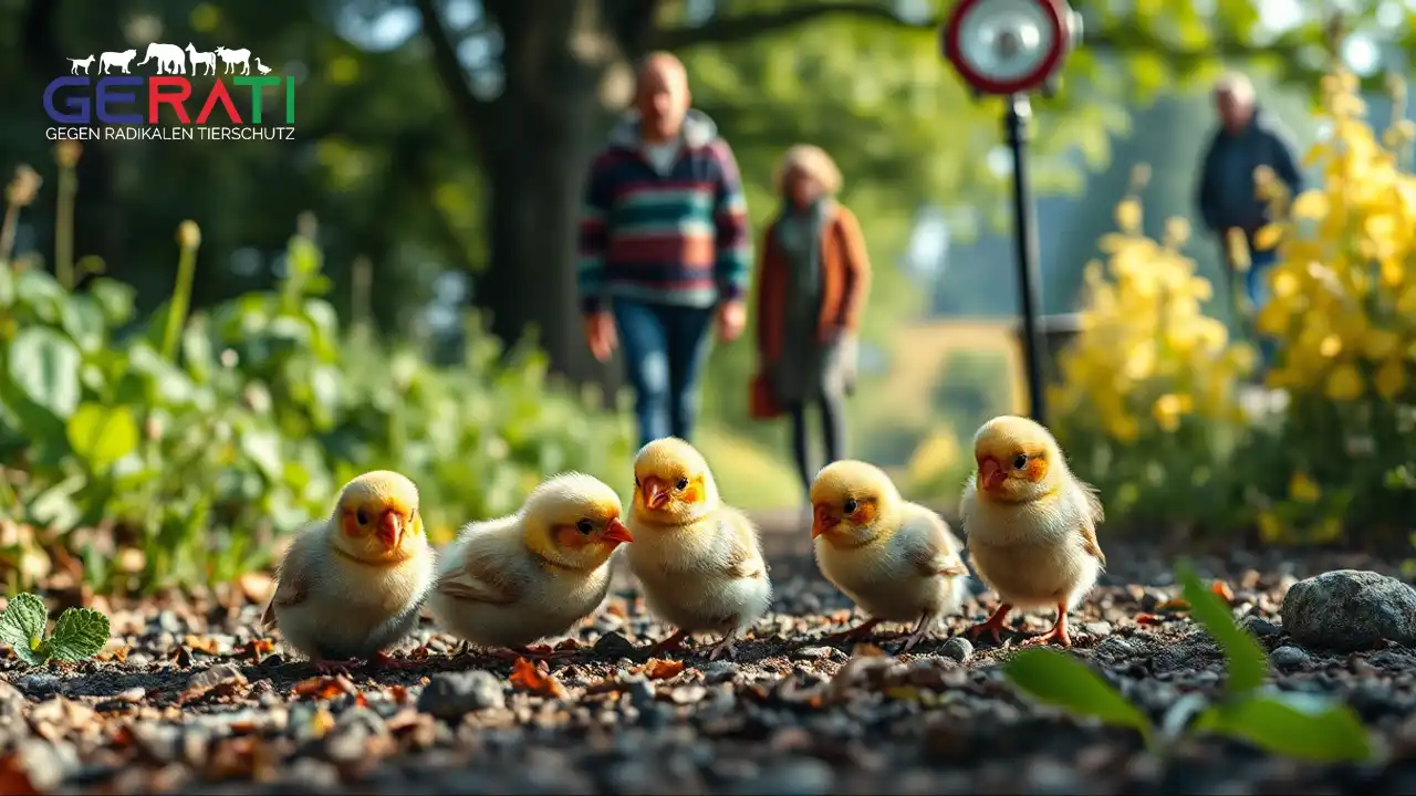Ein kleines Grüppchen bunter Wellensittichküken liegt hilflos auf dem Boden inmitten der üppigen grünen Landschaft von Rosenheim. Die jungen Vögel wirken verletzlich und bedürftig, während das sanfte Morgenlicht sanfte Schatten wirft. Im Hintergrund beobachten einige besorgte Passanten die Situation mit überraschten und besorgten Gesichtern. Die Szene vermittelt Dringlichkeit und Mitgefühl, was auf die Wichtigkeit des Tierschutzgesetzes hinweist.