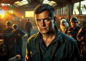 Das Titelbild zeigt eine fotorealistische Szene einer Undercover-Operation gegen illegalen Welpenhandel. Im Mittelpunkt steht ein entschlossener Mann Mitte 40 mit kurzen, dunklen Haaren, gekleidet in lässiger, aber professioneller Kleidung, ähnlich Martin Rütter. Er ist umgeben von einem unterstützenden Team und Polizisten, die konzentriert und koordiniert vor einem heruntergekommenen, schwach beleuchteten Lagerhaus stehen. Drinnen sind mehrere kleine, verängstigte Welpen verschiedener Rassen in beengten, schmutzigen Käfigen zu sehen, was die schlechten Bedingungen verdeutlicht. Die Umgebung kombiniert städtische und industrielle Elemente, während das warme Morgenlicht durch zerbrochene Fenster fällt und lange Schatten wirft, die im Kontrast zu der Hoffnung auf Rettung stehen. Das Bild vermittelt eine Atmosphäre von Mission, Teamarbeit und der Bedeutung des Tierschutzes.