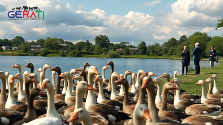 Das Titelbild zeigt eine fotorealistische Szene an einem ruhigen See in Nordrhein-Westfalen. Im Vordergrund befindet sich eine große Schar Gänse am Ufer, die friedlich in ihrer natürlichen Umgebung agieren. Im Hintergrund gibt es eine kleine, friedliche Demonstration von Tierschutzaktivisten, die besorgt wirken und Schilder sowie Banner ohne sichtbaren Text in den Händen halten. Auf der gegenüberliegenden Seite stehen einige Stadtbeamte, die in eine nachdenkliche Diskussion vertieft sind und entschlossen wirken. Die Atmosphäre ist ruhig, trägt jedoch eine unterschwellige Spannung und Dringlichkeit in sich, die auf den Gänseabschuss als zentrales Konfliktthema hinweist. Die natürliche Schönheit des Sees und der umgebenden grünen Landschaft wird hervorgehoben, während der teils bewölkte Himmel die Komplexität und Unsicherheit der Situation widerspiegelt.