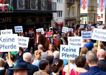Auf dem Titelbild ist eine belebte Straße in Düsseldorf während einer traditionellen Parade zu sehen. Eine vielfältige Menschenmenge, darunter Tierschutzaktivisten, hält Schilder hoch und zeigt leidenschaftliche Gesichtsausdrücke. Im Vordergrund marschieren elegant gekleidete Teilnehmer in bunten Uniformen und historischen Kostümen. Pferde, die gelassen und gut gepflegt wirken, sind von aufmerksamen Tierärzten und Betreuern umgeben, die für ihre Sicherheit sorgen. Die Szene fängt einen lebhaften Dialog ein, in dem Tradition auf moderne Anliegen trifft, vor dem Hintergrund historischer Gebäude und festlicher Dekorationen. Die Atmosphäre ist dynamisch und regt zum Nachdenken an, wobei die kulturelle Bedeutung und die aktuelle Diskussion über das Tierwohl, insbesondere der Pferde, bei öffentlichen Veranstaltungen hervorgehoben werden.