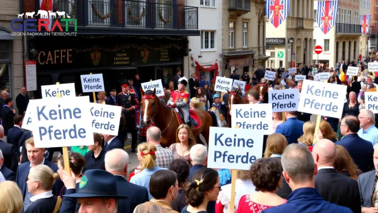 Auf dem Titelbild ist eine belebte Straße in Düsseldorf während einer traditionellen Parade zu sehen. Eine vielfältige Menschenmenge, darunter Tierschutzaktivisten, hält Schilder hoch und zeigt leidenschaftliche Gesichtsausdrücke. Im Vordergrund marschieren elegant gekleidete Teilnehmer in bunten Uniformen und historischen Kostümen. Pferde, die gelassen und gut gepflegt wirken, sind von aufmerksamen Tierärzten und Betreuern umgeben, die für ihre Sicherheit sorgen. Die Szene fängt einen lebhaften Dialog ein, in dem Tradition auf moderne Anliegen trifft, vor dem Hintergrund historischer Gebäude und festlicher Dekorationen. Die Atmosphäre ist dynamisch und regt zum Nachdenken an, wobei die kulturelle Bedeutung und die aktuelle Diskussion über das Tierwohl, insbesondere der Pferde, bei öffentlichen Veranstaltungen hervorgehoben werden.