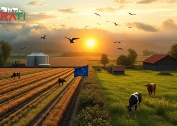 EU-Agrarreform 2025: Fortschritt oder Rückschritt für den Tierschutz? 23 Kontrastreiche Landschaft zur EU-Agrarreform: links industrielle Landwirtschaft, rechts traditionelle Tierhaltung mit Weidekühen und Hühnern.