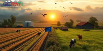 EU-Agrarreform 2025: Fortschritt oder Rückschritt für den Tierschutz? 21 Kontrastreiche Landschaft zur EU-Agrarreform: links industrielle Landwirtschaft, rechts traditionelle Tierhaltung mit Weidekühen und Hühnern.