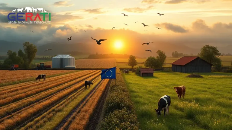 Kontrastreiche Landschaft zur EU-Agrarreform: links industrielle Landwirtschaft, rechts traditionelle Tierhaltung mit Weidekühen und Hühnern.