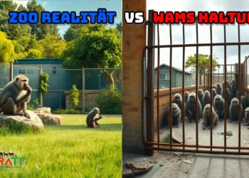 Kontrastbild eines gepflegten Zoogeheges und eines verwahrlosten Tierasyls mit Pavianen