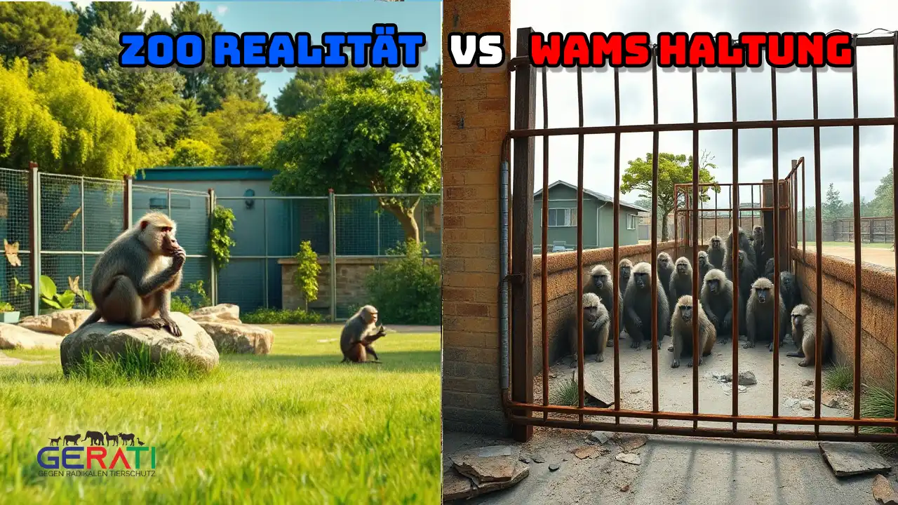 Kontrastbild eines gepflegten Zoogeheges und eines verwahrlosten Tierasyls mit Pavianen