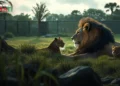 In einem Zoo zeigt das Bild eine nachdenkliche Atmosphäre. Im Vordergrund ist ein grünes Gehege mit hohem Gras und Felsen zu sehen, das an einen Lebensraum für Großkatzen erinnert. Im Hintergrund liegt eine Löwin mit einem fernen Blick, der Melancholie und Nachdenklichkeit ausstrahlt. Der Himmel ist bedeckt, und weiches Licht dringt durch die Wolken, was die düstere Stimmung verstärkt. Eine Gruppe besorgter Besucher steht am Zoozaun, einige mit besorgten Gesichtern, andere in leiser Diskussion. Das Bild thematisiert die komplexen Emotionen und ethischen Fragen rund um das Thema Tierwohl und Zoo-Praktiken, einschließlich der Debatte über Euthanasie bei Zootieren.