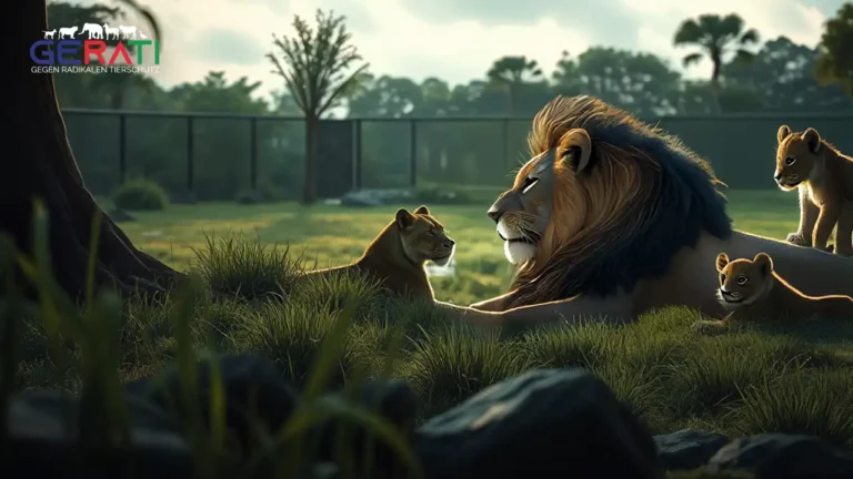 In einem Zoo zeigt das Bild eine nachdenkliche Atmosphäre. Im Vordergrund ist ein grünes Gehege mit hohem Gras und Felsen zu sehen, das an einen Lebensraum für Großkatzen erinnert. Im Hintergrund liegt eine Löwin mit einem fernen Blick, der Melancholie und Nachdenklichkeit ausstrahlt. Der Himmel ist bedeckt, und weiches Licht dringt durch die Wolken, was die düstere Stimmung verstärkt. Eine Gruppe besorgter Besucher steht am Zoozaun, einige mit besorgten Gesichtern, andere in leiser Diskussion. Das Bild thematisiert die komplexen Emotionen und ethischen Fragen rund um das Thema Tierwohl und Zoo-Praktiken, einschließlich der Debatte über Euthanasie bei Zootieren.