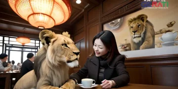 Ein lebhaftes Café in einer südchinesischen Stadt mit einladender Atmosphäre. Im Vordergrund steht ein Tisch mit einer dampfenden Tasse Tee neben einem jungen Löwenbaby, das spielerisch mit einem Besucher interagiert. Die Einrichtung kombiniert traditionelle chinesische Dekoration mit modernen Elementen. Im Hintergrund beobachten andere Gäste die Löwenbabys mit gemischten Gefühlen aus Freude und Besorgnis. Diese Szene spiegelt die ethische Debatte über das ungewöhnliche Geschäftskonzept wider. Warme, natürliche Beleuchtung verstärkt die realistische Stimmung des Bildes.