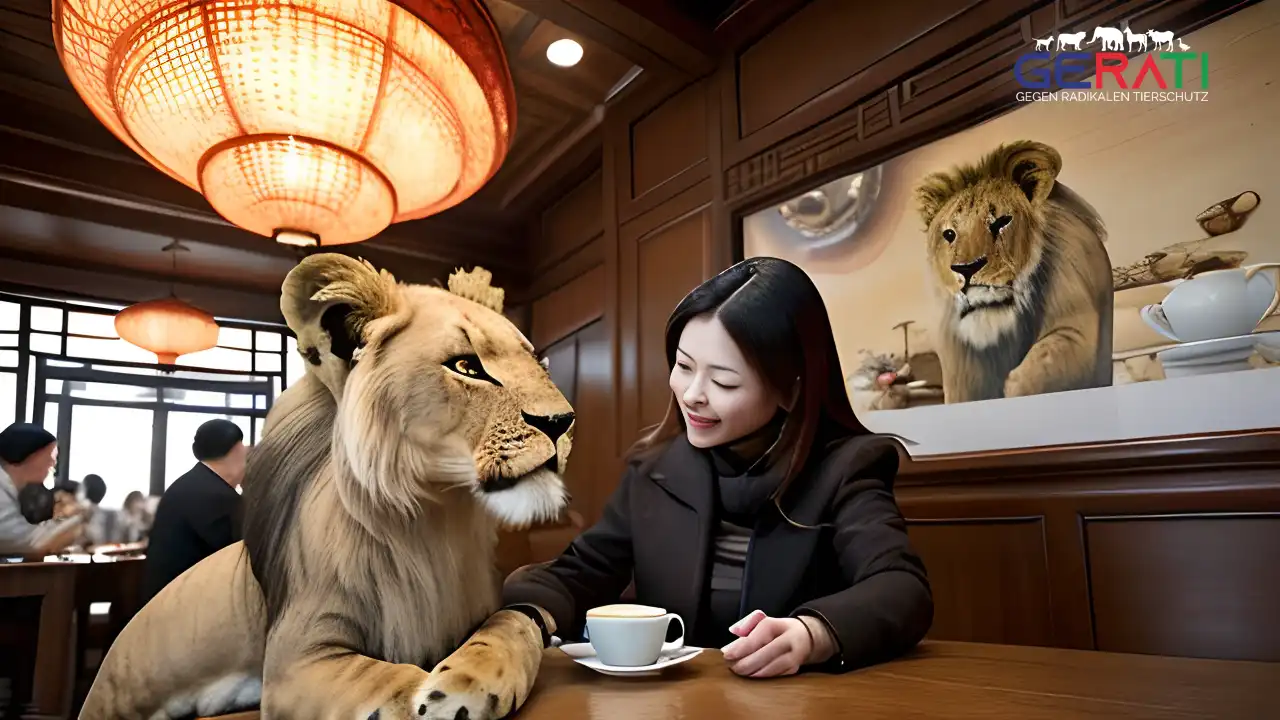 Ein lebhaftes Café in einer südchinesischen Stadt mit einladender Atmosphäre. Im Vordergrund steht ein Tisch mit einer dampfenden Tasse Tee neben einem jungen Löwenbaby, das spielerisch mit einem Besucher interagiert. Die Einrichtung kombiniert traditionelle chinesische Dekoration mit modernen Elementen. Im Hintergrund beobachten andere Gäste die Löwenbabys mit gemischten Gefühlen aus Freude und Besorgnis. Diese Szene spiegelt die ethische Debatte über das ungewöhnliche Geschäftskonzept wider. Warme, natürliche Beleuchtung verstärkt die realistische Stimmung des Bildes.