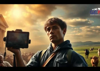 Eine fotorealistische Szene, die eine angespannte und nachdenkliche Atmosphäre einfängt, zeigt eine hitzige Debatte über Tierrechtsaktivismus und Legalität. Im Vordergrund steht ein Aktivist mit Kamera und dokumentiert Tierquälerei. Im Hintergrund ist ein Gerichtssaal zu sehen, symbolisiert durch das Richterhammer, der die rechtlichen Herausforderungen für Aktivisten darstellt. In der Ferne erstreckt sich eine friedliche Naturlandschaft mit Nutztieren, die das zentrale Anliegen des Tierschutzes hervorhebt. Die Tierschutzpartei wird durch die Thematik der Szene repräsentiert. Die dramatische Beleuchtung verstärkt die Dringlichkeit und moralische Komplexität der Situation.