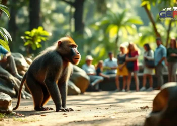 Ein fotorealistisches Bild zeigt einen Mandrill in einem Zoo, der in einem geräumigen und naturnah gestalteten Gehege steht. Umgeben von üppigem Grün und natürlichen Felsformationen, spiegelt die Szene die Komplexität seines natürlichen Verhaltens wider. Im Hintergrund sind leicht verschwommen Zoo-Besucher zu sehen, die das Tier ruhig beobachten, was den Bildungsaspekt der Zoo-Haltung betont. Die Atmosphäre vereint die Ruhe der Natur mit der Reflexion über ethische Fragen zur Zoo-Haltung und dem Gleichgewicht zwischen Tierwohl und Artenschutz. Natürliches Licht fällt sanft durch die Bäume und schafft eine warme, einladende und zugleich nachdenklich stimmende Stimmung.