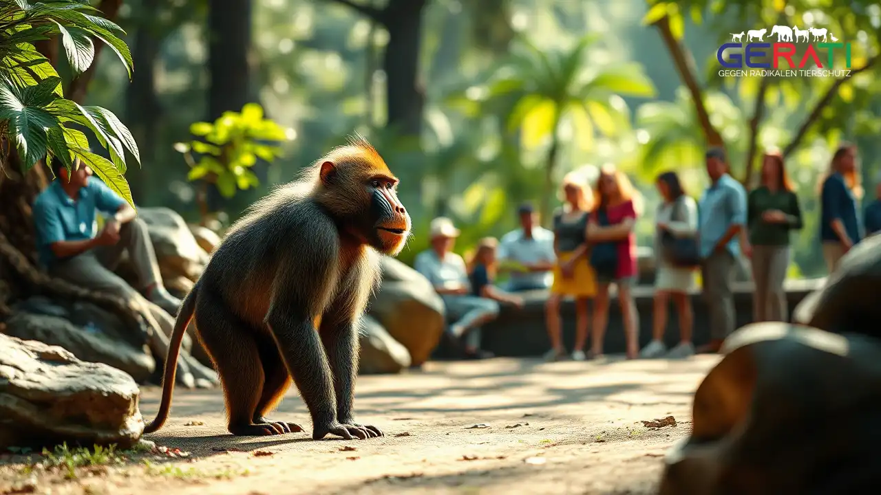Ein fotorealistisches Bild zeigt einen Mandrill in einem Zoo, der in einem geräumigen und naturnah gestalteten Gehege steht. Umgeben von üppigem Grün und natürlichen Felsformationen, spiegelt die Szene die Komplexität seines natürlichen Verhaltens wider. Im Hintergrund sind leicht verschwommen Zoo-Besucher zu sehen, die das Tier ruhig beobachten, was den Bildungsaspekt der Zoo-Haltung betont. Die Atmosphäre vereint die Ruhe der Natur mit der Reflexion über ethische Fragen zur Zoo-Haltung und dem Gleichgewicht zwischen Tierwohl und Artenschutz. Natürliches Licht fällt sanft durch die Bäume und schafft eine warme, einladende und zugleich nachdenklich stimmende Stimmung.