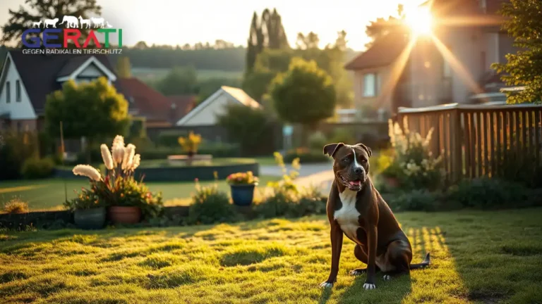 Ein idyllisches ländliches Setting in Weiskirchen, Saarland, zeigt ein ruhiges Wohnviertel. Im Vordergrund befindet sich ein Familiengarten, in dem ein Staffordshire Terrier-Mix ruhig und zufrieden sitzt. Im Hintergrund steht ein einladendes Familienhaus, das für Sicherheit und Gemeinschaft steht. Die Szene ist in sanftes Morgenlicht getaucht, was eine friedliche Koexistenz und verantwortungsvolle Hundehaltung betont. Der Hundeführerschein wird hier als Symbol für das Verständnis und die Bildung hervorgehoben, die über bürokratische Lösungen hinausgehen.