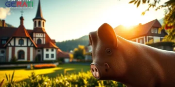 Das Bild zeigt eine idyllische Szene eines bayerischen Dorfes mit einer traditionellen Kirche im Hintergrund, die durch ihre klassische Architektur beeindruckt. Im Vordergrund steht ein meisterhaft gefertigtes Orgelpfeifen-Detail aus Schweinsleder, das im sanften, goldenen Sonnenlicht erstrahlt und auf die Verbindung von Tradition und moderner Debatte hinweist. Daneben weht ein kleines PETA-Banner im Wind, das subtil auf die laufende ethische Diskussion über Speziesismus hinweist. Die Landschaft ist von üppigem Grün und einem klaren blauen Himmel geprägt, was das kulturelle Erbe, die kunstvolle Handwerkskunst und die zeitgenössische ethische Herausforderung harmonisch vereint.