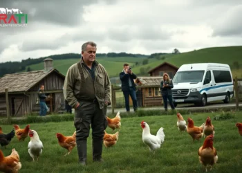 Ein besorgter Landwirt auf dem Geflügelhof Zeeb steht vor seinem Stall, während im Hintergrund Menschen mit Kameras filmen.