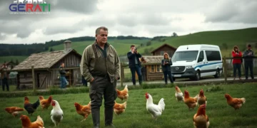 Ein besorgter Landwirt auf dem Geflügelhof Zeeb steht vor seinem Stall, während im Hintergrund Menschen mit Kameras filmen.