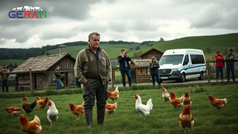 Ein besorgter Landwirt auf dem Geflügelhof Zeeb steht vor seinem Stall, während im Hintergrund Menschen mit Kameras filmen.