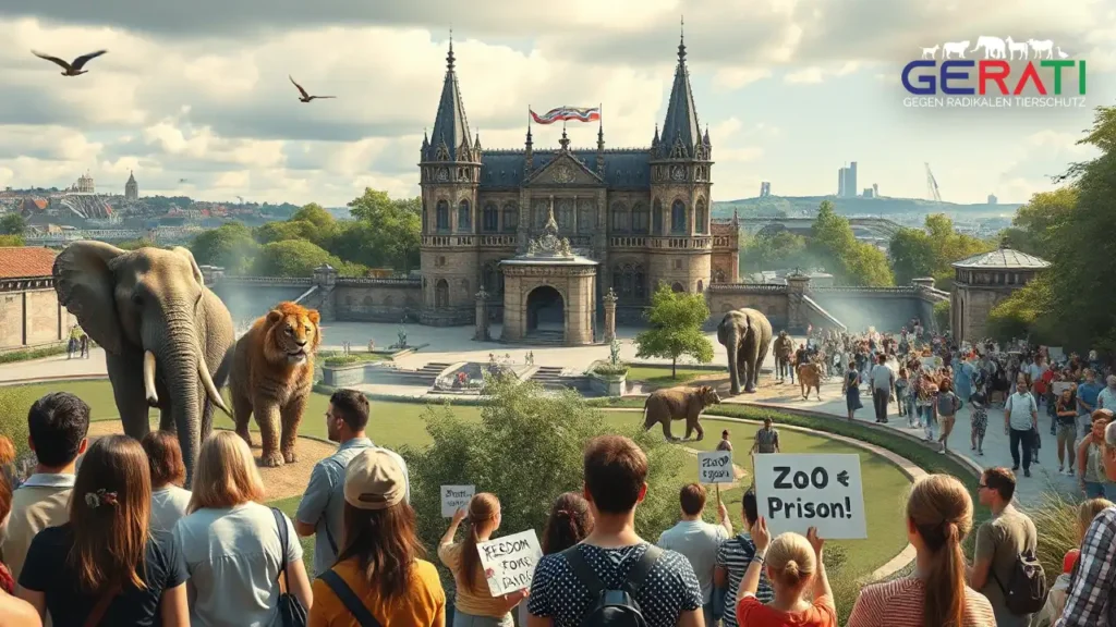 Ein fotorealistisches Bild zeigt das 165-jährige Jubiläum des Kölner Zoos vor dem Hintergrund eines Protests. Im Vordergrund bewundern vielfältige Besucher, darunter Familien und Kinder, majestätische Elefanten und imposante Raubkatzen in gepflegten Gehegen, was das Engagement des Zoos für Bildung und Artenschutz symbolisiert. Im Hintergrund findet ein friedlicher Protest von engagierten Aktivisten mit Schildern wie "Zoo = Gefängnis" und "Freiheit für Tiere" nahe dem Zooeingang statt. Die Atmosphäre spiegelt eine Mischung aus Feierlichkeit und Spannung wider, mit einem malerischen Blick auf die historische Architektur des Kölner Zoos, umrahmt von üppigem Grün und der Stadtsilhouette. Das Bild vermittelt die Komplexität und Emotion der Debatte zwischen Artenschutz und ethischen Bedenken in Zoos.