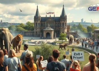 Ein fotorealistisches Bild zeigt das 165-jährige Jubiläum des Kölner Zoos vor dem Hintergrund eines Protests. Im Vordergrund bewundern vielfältige Besucher, darunter Familien und Kinder, majestätische Elefanten und imposante Raubkatzen in gepflegten Gehegen, was das Engagement des Zoos für Bildung und Artenschutz symbolisiert. Im Hintergrund findet ein friedlicher Protest von engagierten Aktivisten mit Schildern wie "Zoo = Gefängnis" und "Freiheit für Tiere" nahe dem Zooeingang statt. Die Atmosphäre spiegelt eine Mischung aus Feierlichkeit und Spannung wider, mit einem malerischen Blick auf die historische Architektur des Kölner Zoos, umrahmt von üppigem Grün und der Stadtsilhouette. Das Bild vermittelt die Komplexität und Emotion der Debatte zwischen Artenschutz und ethischen Bedenken in Zoos.