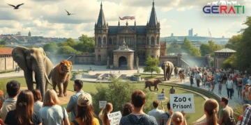 Ein fotorealistisches Bild zeigt das 165-jährige Jubiläum des Kölner Zoos vor dem Hintergrund eines Protests. Im Vordergrund bewundern vielfältige Besucher, darunter Familien und Kinder, majestätische Elefanten und imposante Raubkatzen in gepflegten Gehegen, was das Engagement des Zoos für Bildung und Artenschutz symbolisiert. Im Hintergrund findet ein friedlicher Protest von engagierten Aktivisten mit Schildern wie "Zoo = Gefängnis" und "Freiheit für Tiere" nahe dem Zooeingang statt. Die Atmosphäre spiegelt eine Mischung aus Feierlichkeit und Spannung wider, mit einem malerischen Blick auf die historische Architektur des Kölner Zoos, umrahmt von üppigem Grün und der Stadtsilhouette. Das Bild vermittelt die Komplexität und Emotion der Debatte zwischen Artenschutz und ethischen Bedenken in Zoos.