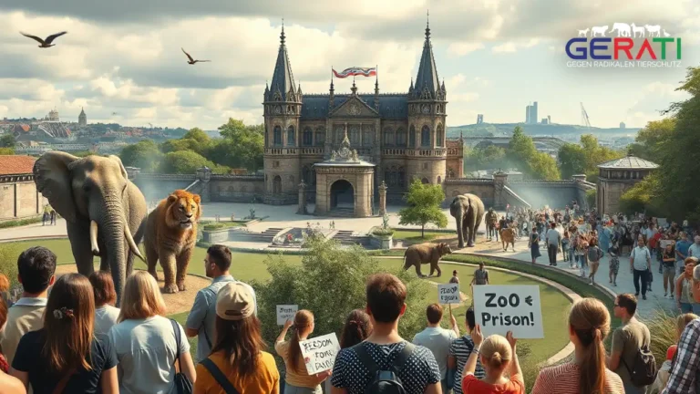 Ein fotorealistisches Bild zeigt das 165-jährige Jubiläum des Kölner Zoos vor dem Hintergrund eines Protests. Im Vordergrund bewundern vielfältige Besucher, darunter Familien und Kinder, majestätische Elefanten und imposante Raubkatzen in gepflegten Gehegen, was das Engagement des Zoos für Bildung und Artenschutz symbolisiert. Im Hintergrund findet ein friedlicher Protest von engagierten Aktivisten mit Schildern wie "Zoo = Gefängnis" und "Freiheit für Tiere" nahe dem Zooeingang statt. Die Atmosphäre spiegelt eine Mischung aus Feierlichkeit und Spannung wider, mit einem malerischen Blick auf die historische Architektur des Kölner Zoos, umrahmt von üppigem Grün und der Stadtsilhouette. Das Bild vermittelt die Komplexität und Emotion der Debatte zwischen Artenschutz und ethischen Bedenken in Zoos.