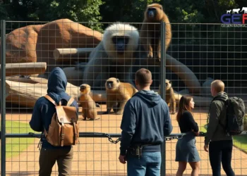 Aktivisten beim Pavian-Protest Nürnberg, angekettet vor dem Primatengehege des Zoos, im Hintergrund Guinea-Paviane in ihrer Anlage.